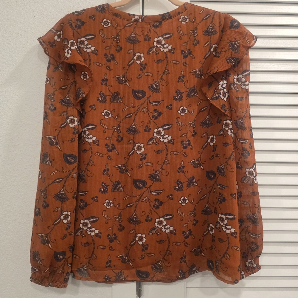LOFT Fall Floral Split V-Neck Ruffle Blouse - Picture 2 of 3